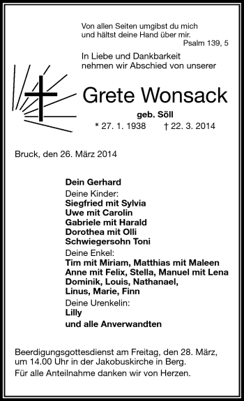 Traueranzeige von Grete Wonsack von Frankenpost