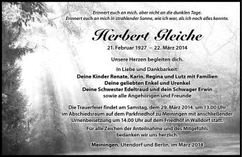 Traueranzeige von Herbert Gleiche von Südthüringer Presse