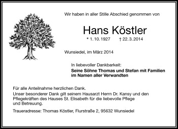 Traueranzeige von Hans Köstler von Frankenpost