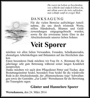 Traueranzeige von Veit Sporer von Südthüringer Presse