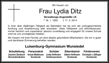 Traueranzeige von Lydia Ditz von Frankenpost