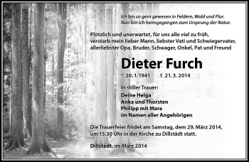 Traueranzeige von Dieter Furch von Südthüringer Presse