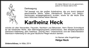 Traueranzeige von Karlheinz Heck von Südthüringer Presse