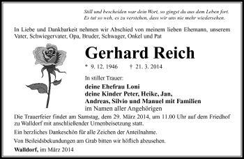 Traueranzeige von Gerhard Reich von Südthüringer Presse