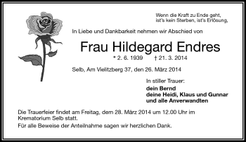 Traueranzeige von Hildegard Endres von Frankenpost