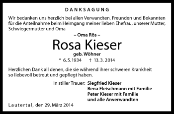 Traueranzeige von Rosa Kieser von Neue Presse Coburg