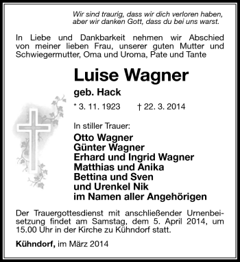 Traueranzeige von Luise Wagner von Südthüringer Presse