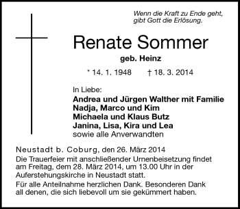 Traueranzeige von Renate Sommer von Neue Presse Coburg