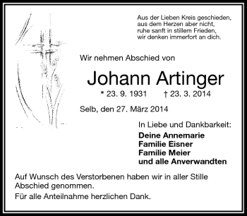 Traueranzeige von Johann Artinger von Frankenpost