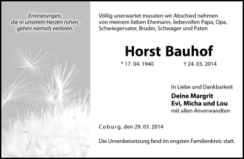 Traueranzeige von Horst Bauhof von Neue Presse Coburg