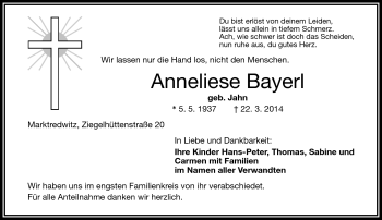 Traueranzeige von Anneliese Bayerl von Frankenpost