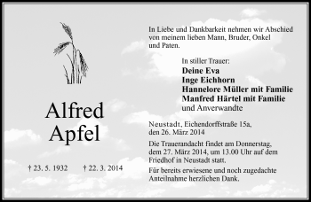 Traueranzeige von Alfred Apfel von Neue Presse Coburg