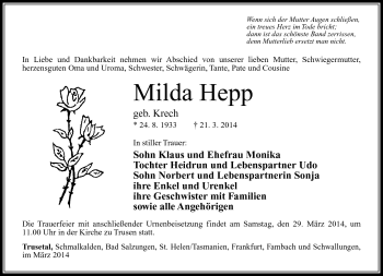 Traueranzeige von Milda Hepp von Südthüringer Presse
