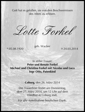 Traueranzeige von Lotte Forkel von Neue Presse Coburg