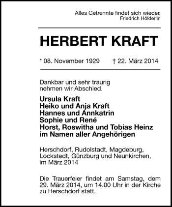 Traueranzeige von Herbert Kraft von Südthüringer Presse