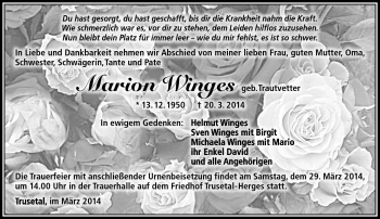 Traueranzeige von Marion Winges von Südthüringer Presse