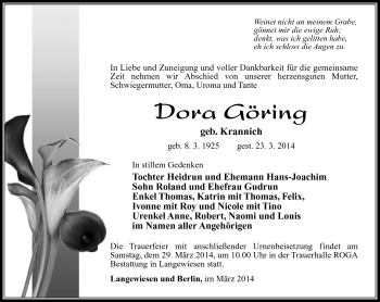 Traueranzeige von Dora Göring von Südthüringer Presse