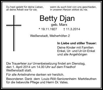 Traueranzeige von Betty Djan von Frankenpost