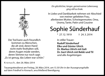 Traueranzeige von Sophie Sünderhauf von Neue Presse Coburg
