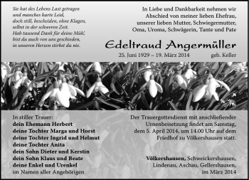 Traueranzeige von Edeltraud Angermüller von Südthüringer Presse