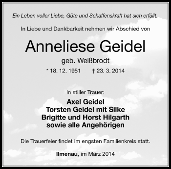 Traueranzeige von Anneliese Geidel von Südthüringer Presse