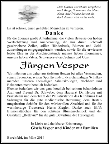 Traueranzeige von Jürgen Vesper von Südthüringer Presse