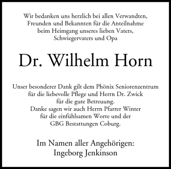 Traueranzeige von Wilhelm Horn von Neue Presse Coburg