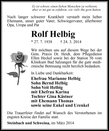 Traueranzeige von Rolf Helbig von Südthüringer Presse