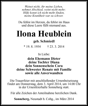 Traueranzeige von Ilona Heublein von Südthüringer Presse