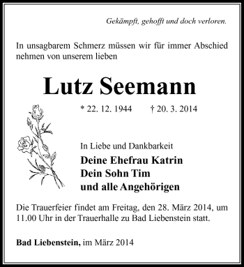 Traueranzeige von Lutz Seemann von Südthüringer Presse