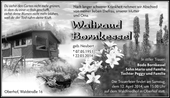 Traueranzeige von Waltraud Bornkessel von Südthüringer Presse