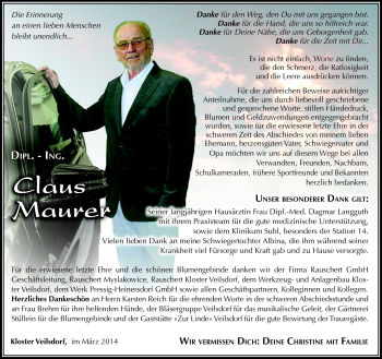 Traueranzeige von Claus Maurer von Südthüringer Presse