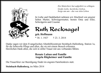 Traueranzeige von Ruth Recknagel von Südthüringer Presse