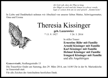 Traueranzeige von Theresia Kissinger von Neue Presse Coburg