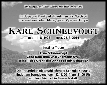 Traueranzeige von Karl Schneevoigt von Südthüringer Presse