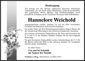 Traueranzeige von Hannelore Weichold von Südthüringer Presse