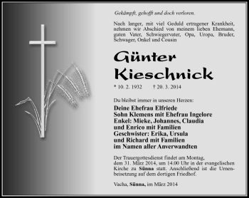 Traueranzeige von Günter Kieschnick von Südthüringer Presse