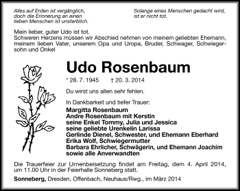 Traueranzeige von Udo Rosenbaum von Südthüringer Presse