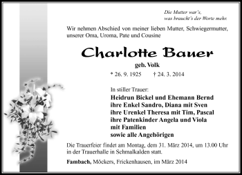 Traueranzeige von Charlotte Bauer von Südthüringer Presse