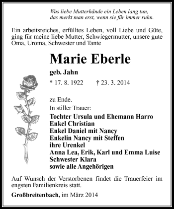 Traueranzeige von Marie Eberle von Südthüringer Presse