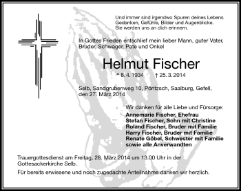 Traueranzeige von Helmut Fischer von Frankenpost