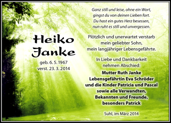 Traueranzeige von Heiko Janke von Südthüringer Presse