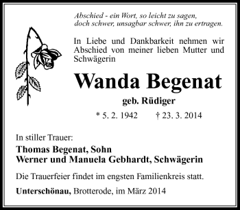 Traueranzeige von Wanda Begenat von Südthüringer Presse