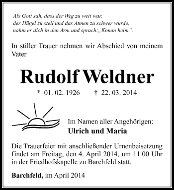 Traueranzeige von Rudolf Weldner von Südthüringer Presse