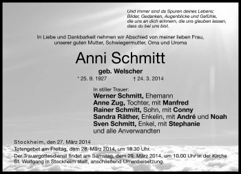 Traueranzeige von Anni Schmitt von Neue Presse Coburg