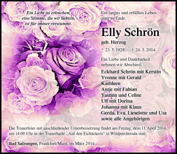 Traueranzeige von Elly Schrön von Südthüringer Presse