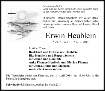 Traueranzeige von Erwin Heubein von Südthüringer Presse