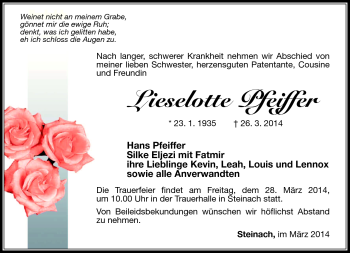 Traueranzeige von Lieselotte Pfeiffer von Südthüringer Presse