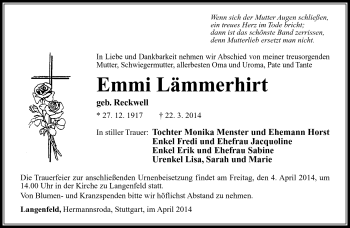 Traueranzeige von Emmi Lämmerhirt von Südthüringer Presse