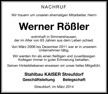 Traueranzeige von Werner Rößler von Südthüringer Presse